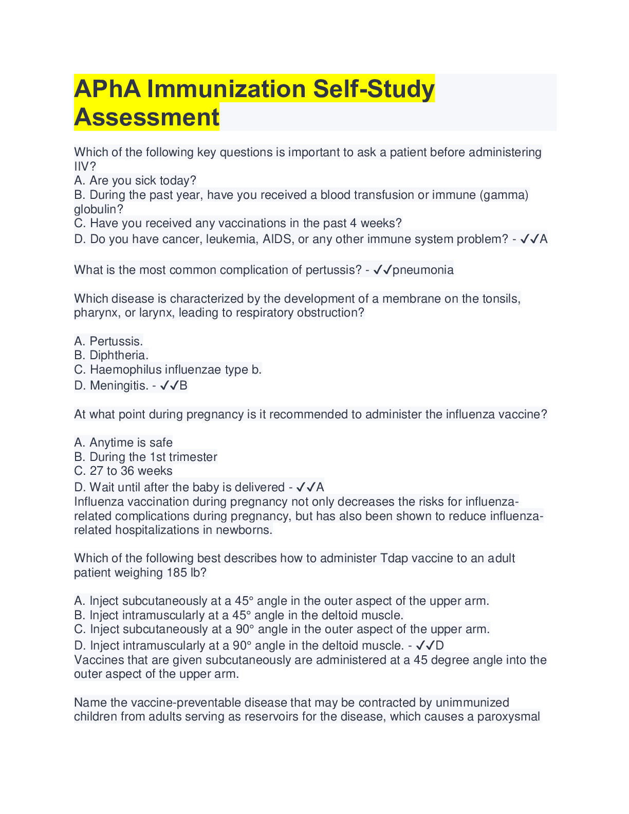 Preview image for APhA Immunization Self-Study Assessment | 90 Questions with 100% Correct Answers